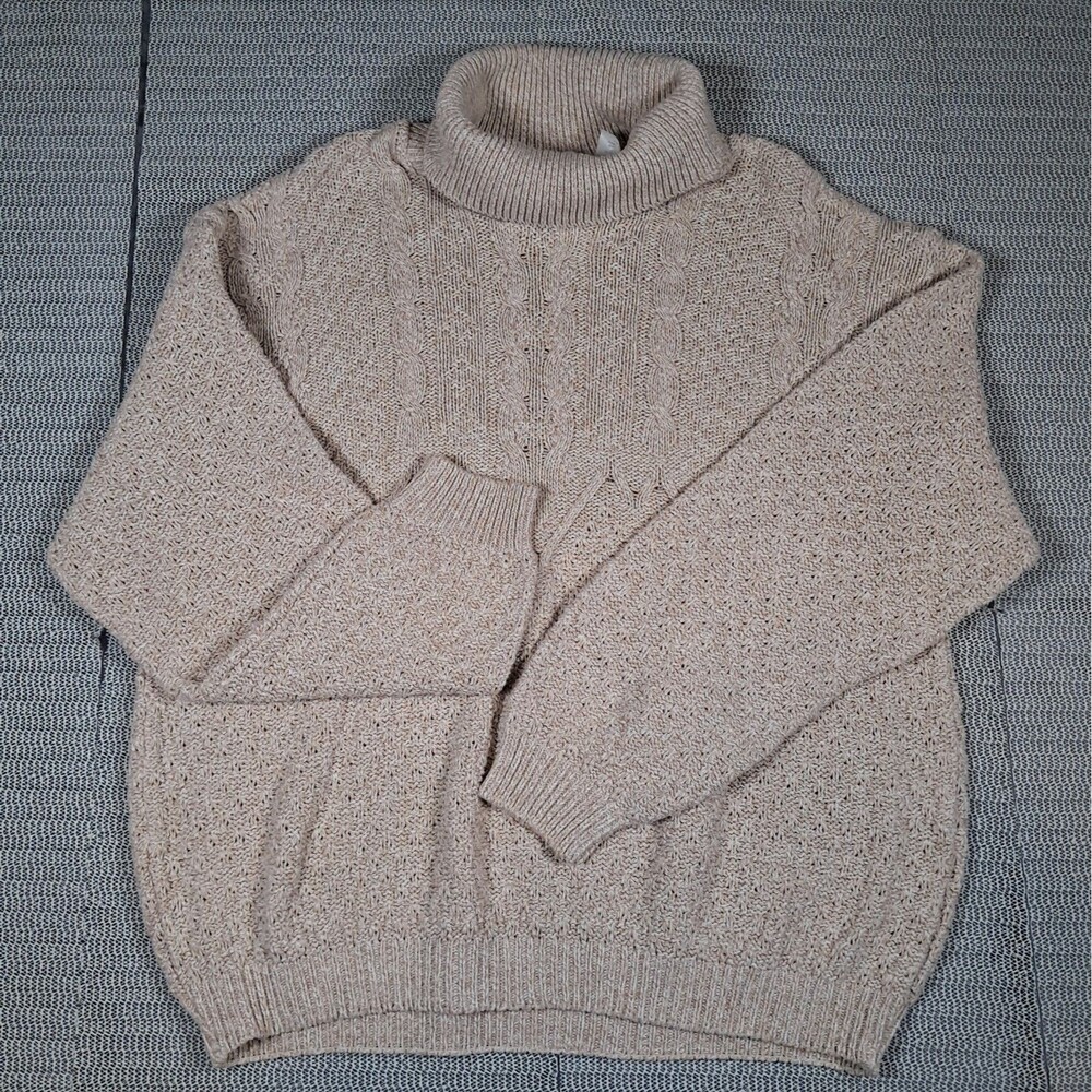 Northern Reflections Fishermans Turtleneck Cable Knit Sweater Womens Tan L Vtg